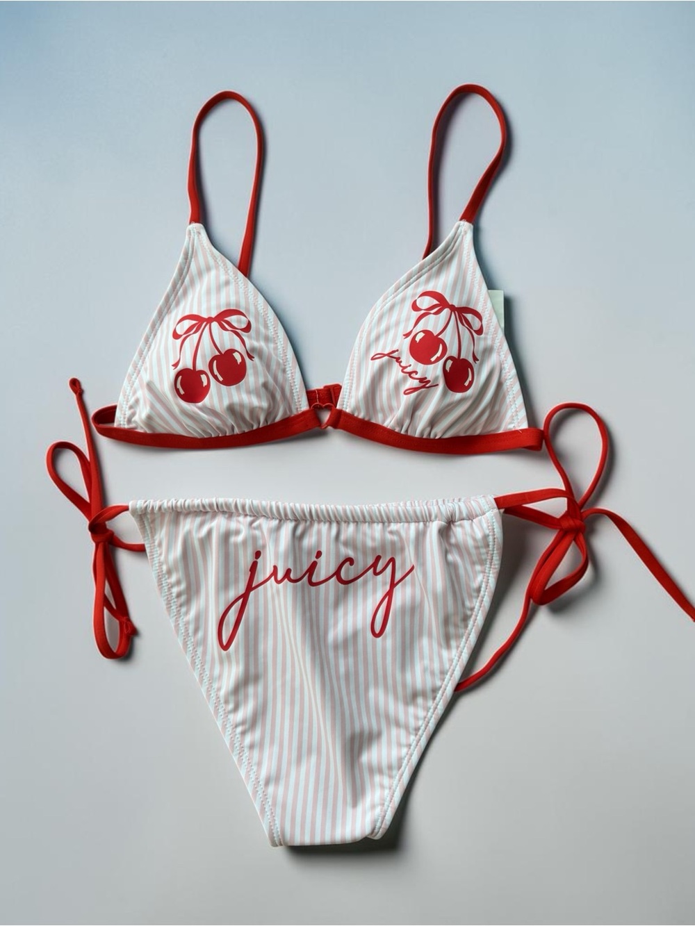 🍒Juicy Couture Cherry Triangle Bikini 2Pc Set Striped BNWT Medium